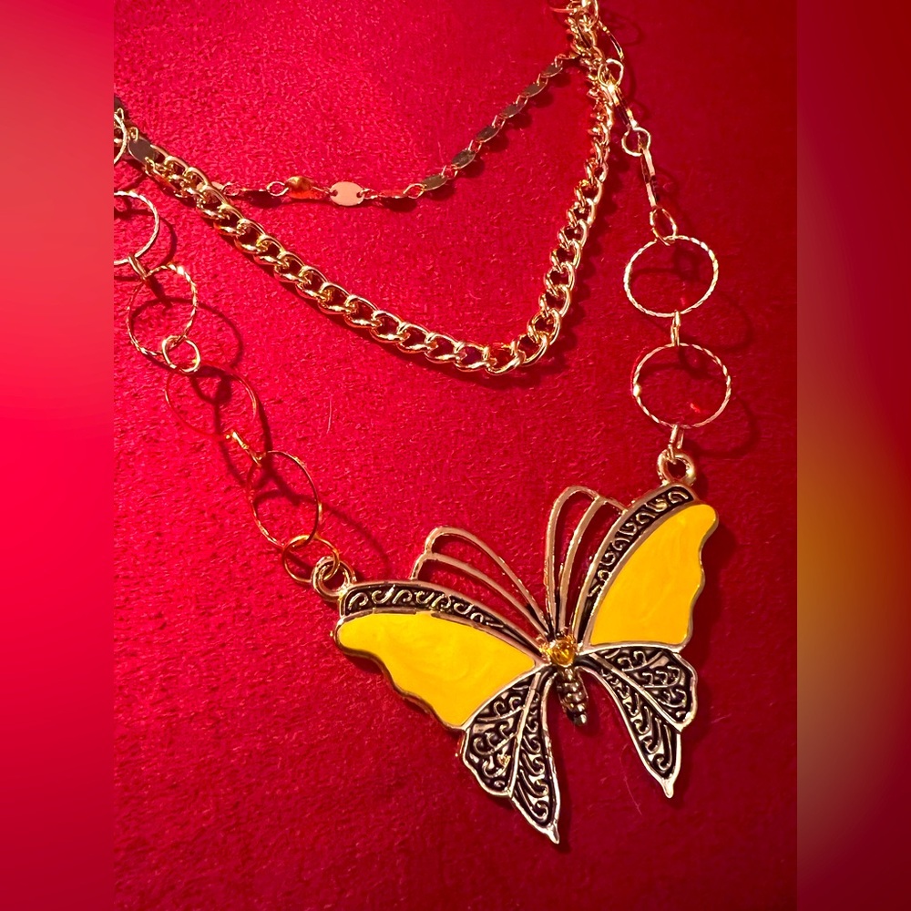 Butterfly gold w/ yellow enamel multi-strand necklace handmade